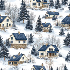 Pattern of winter houses, trees, on snow-covered hills, creating a cozy, scenic, and calming background