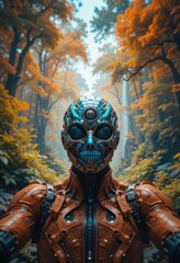 Obraz premium Futuristic Robot in Autumn Forest Digital Art Sci Fi Cyborg in Nature