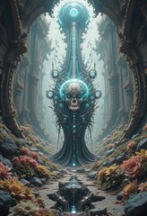 Surreal digital art of skull encased in futuristic technology within overgrown ancient ruins pathway