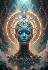 Serene Cyborg Goddess in Ornate Crown Golden Halo Futuristic Digital Art