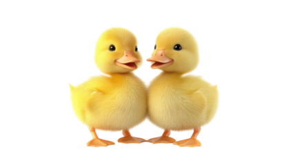 Two adorable fluffy ducklings standing together in a cheerful setting, showcasing their vibrant yellow feathers and playful demeanor