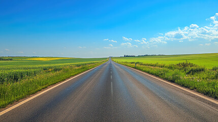 Wide road into distance, flanked by green fields and blue sky. High-definition, horizontal composition. Serene beauty.
