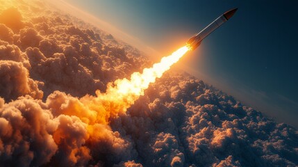 Fototapeta premium Rocket soaring above fluffy clouds with a fiery trail at dawn, panoramic view. Space exploration and innovation concept