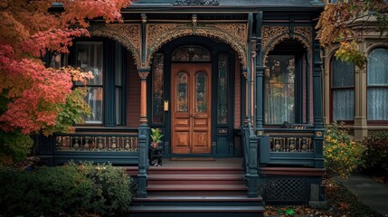 Charming Victorian house adorned with autumn foliage