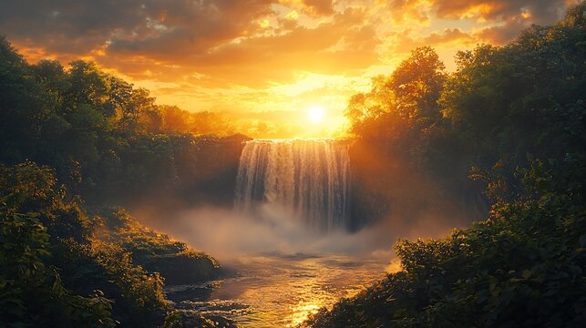 Hidden waterfall in forest during golden hour with mist rising from flowing water