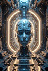 Obraz premium Futuristic Female Cyborg Head in a Technological Spacecraft Cockpit A digital art rendering of a female android