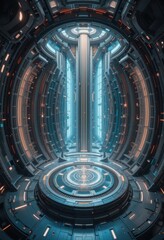 Fototapeta premium Futuristic Sci Fi Spaceship Interior Design Circular Control Room with Glowing Panels and Central Console