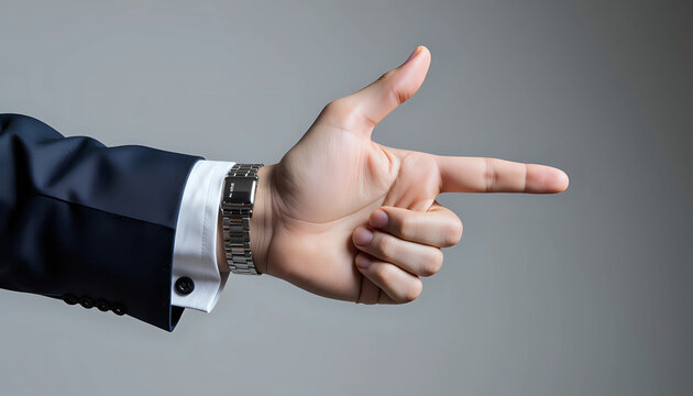 Hand in suit pointing direction wearing a wristwatch