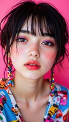 Close-up portrait Korean Beautiful Women with Light skin on a purple, fashion photography with high contrast