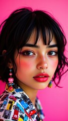 Close-up portrait Indian Beautiful Women with Dusky skin on a purple, fashion photography with high contrast