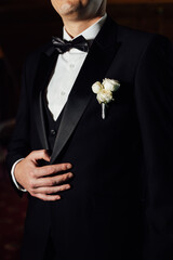 Groom in white shirt, suit and bow tie holding lapel of his jacket indoors. Wedding concept.