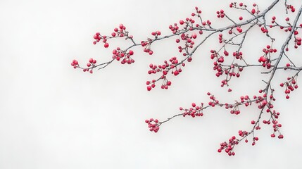 A delicate branch with vibrant red berries against a soft white background.