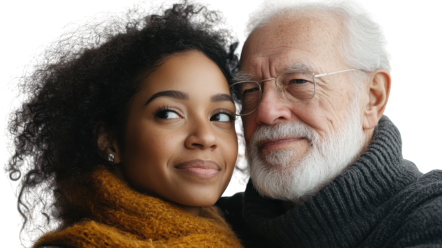 Capturing a warm moment between a young woman and an elderly man in a cozy embrace indoors