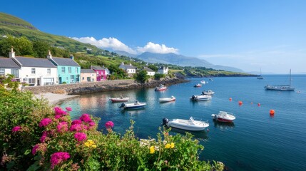 Colorful coastal village harbor on a sunny day