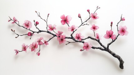 A delicate cherry blossom branch with pink flowers against a white background.