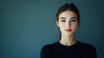 A young woman with a natural look poses against a muted background, showcasing her beauty and confidence.