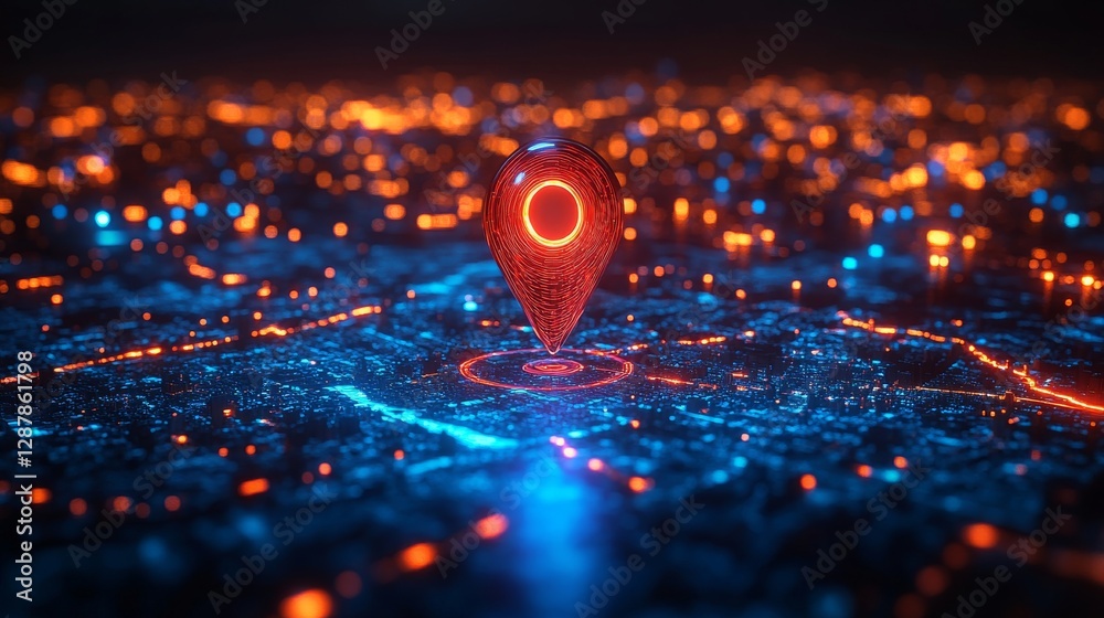 Aufkleber Digital map with glowing red navigation pin at night, futuristic cityscape. Advanced technology and urban navigation concept