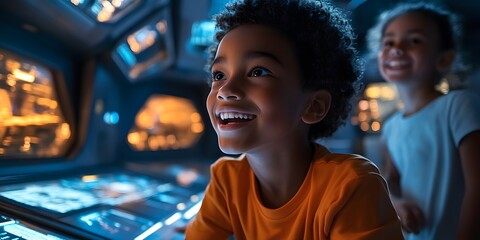 Fototapeta premium A happy child with an infectious smile enjoying a bright and cheerful moment in a colorful playful environment