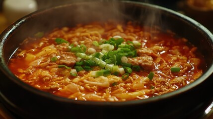 Delicious Hot Pot Dish with Fresh Ingredients and Green Onions