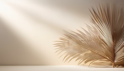 elegant minimalist background with light beige tones subtle shadows and a blurred palm leaf silhouette in the upper left corner set against a white wall