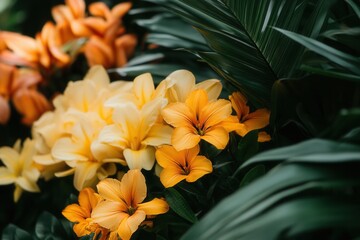 Fototapeta premium Close Up View Of Vibrant Orange And Yellow Flowers Keywords flowers, orange flowers, yellow
