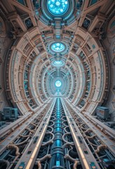 Obraz premium Futuristic Spaceship Corridor Design Circular Architecture with Blue Lighting and Complex Piping Systems