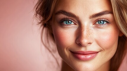 Naklejka premium Woman with blue eyes and a pinkish skin tone is smiling. She has a light pink blush on her cheeks and her hair is pulled back