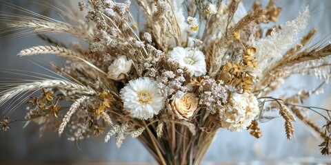 Homestead-inspired bouquet with organic dried flowers and wheat stalks.