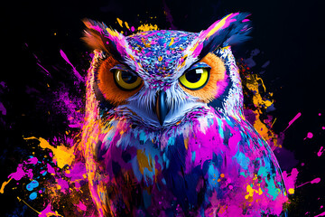 Naklejka premium A vibrant, colorful illustration of an owl with striking features and a dynamic background.