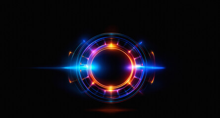 A vibrant circular light form bursts with energy on a dark backdrop, showcasing a blend of cool blue and warm orange luminous effects.