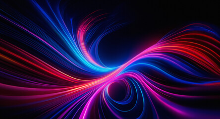 Obraz premium Vibrant light trails swirl against a dark backdrop, creating a dynamic abstract design. Flowing lines of blue, red, and pink hues intertwine, giving a sense of movement and energy.