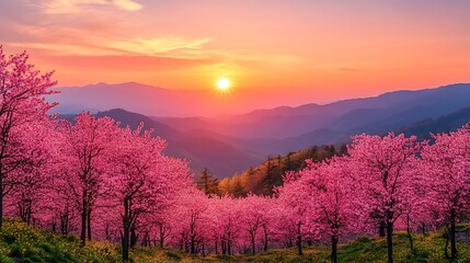 Obraz premium Pink Cherry Blossom Sunset Mountain View