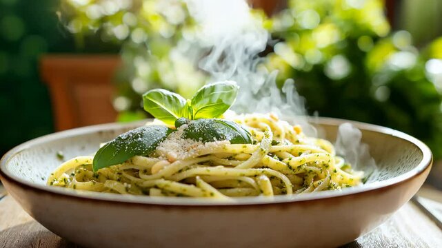 Steaming pesto linguine glistening with parmesan, fresh basil leaves scattered atop, showcasing vibrant Italian pasta dish against  background