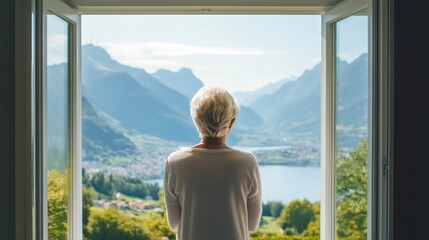 Senior living woman enjoying a scenic view from her window. Featuring peace and appreciation