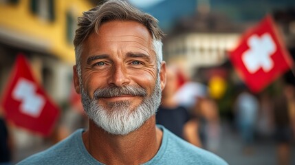 Fototapeta premium Man with a beard and gray hair is smiling and wearing a blue shirt. He is standing in front of a red flag