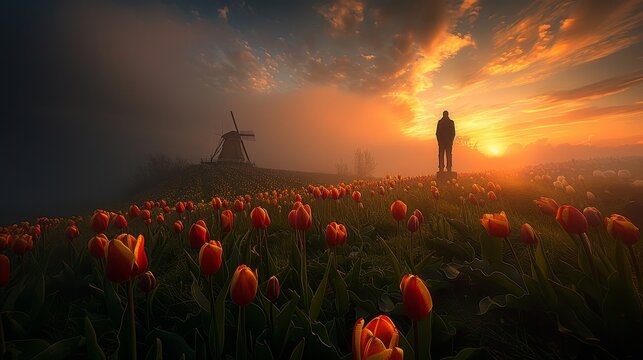 A scenic landscape of tulips  nature s elegance meets ingenious windmill technology