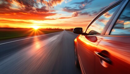 Obraz premium Red Car Driving on Road at Sunset