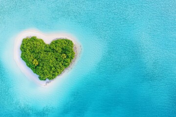 Small island with a heart shaped island in the middle of the ocean. The island is surrounded by trees and the water is blue