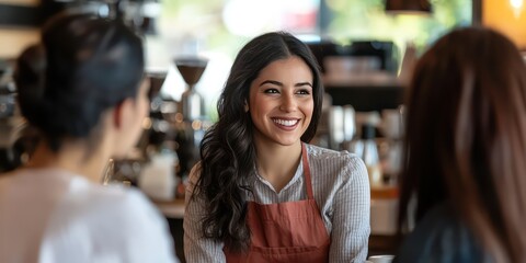 Latina caf&Atilde;&copy; owner interacting with regular customers.