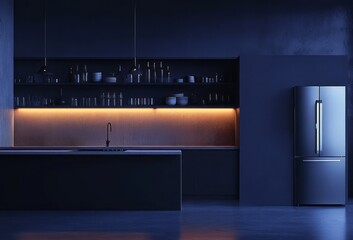 Modern minimalist kitchen design in dark tones with ambient lighting
