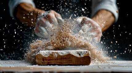 Chef's hands kneading dough with flour burst in dramatic action shot