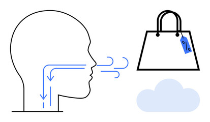 Human profile with airflow diagram showing breath direction, shopping bag with price tag, and cloud element. Ideal for health, commerce, environmental themes, education, technology, graphics
