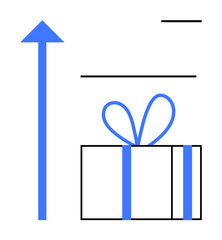 Blue arrow points up with a gift box tied with a blue ribbon. Ideal for themes of growth, rewards, achievements, progress, success, celebration, and motivation. Line metaphor
