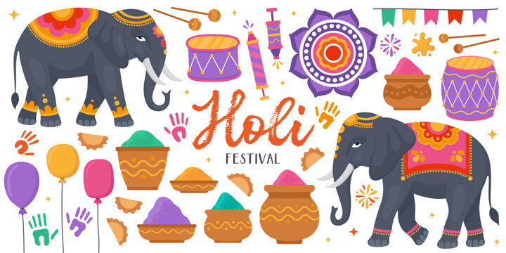 Collection of colorful illustrations for Holi festival. Indian traditional festival of colors, holiday. Elephants, heaps of Holi pigments in clay bowls, balloons, drums, paint stains.