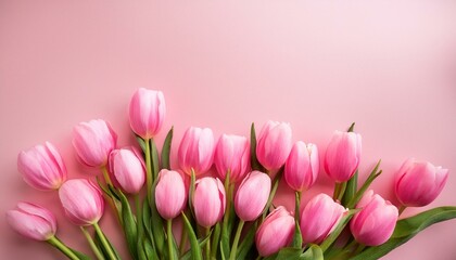 Obraz premium beautiful composition spring flowers bouquet of pink tulips flowers on pastel pink background valentine s day easter birthday happy women s day mother s day flat lay top view copy space