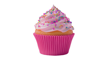Delicious pink frosted cupcake with colorful sprinkles on display in a bakery or dessert shop setting