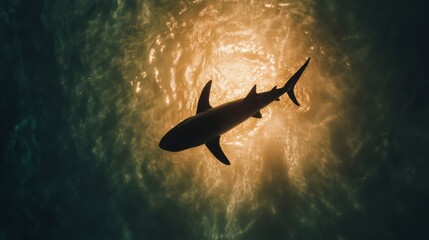Shark silhouette against sunlit ocean from underwater perspective. Wildlife and marine life exploration concept