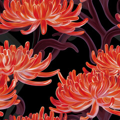 Reddish orange chrysanthemum flowers with dark stems in a repeating pattern on a black background