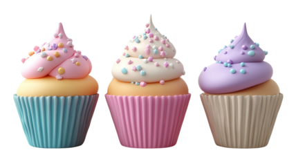 Deliciously decorated cupcakes in various colors with sprinkles on top displayed in a bright setting ideal for a dessert table