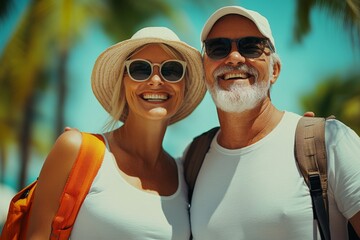 Couple is smiling and posing for a photo on a sunny day. The woman is wearing a white shirt and a straw hat, while the man is wearing a white shirt and sunglasses. They both have backpacks